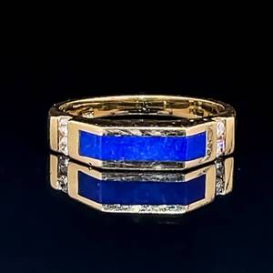 Vibrant Lapis Lazuli Inlay & Diamond Geometric Top Ring in 14k Yellow Gold $1,450 Retail