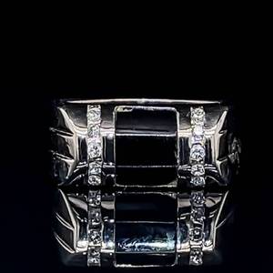 Shiny Black Onyx Inlay Scroll & Diamond Double Channel Geometric 3D Ring in 14k White Gold $2,100 Retail
