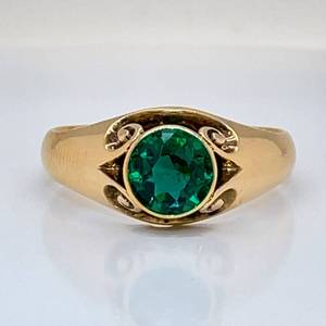 Round Faceted Simulated Emerald Solitaire Vintage Style Signet Ring in Yellow Gold $1,500 Retail