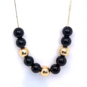Black Round Buffed Bead Herringbone Long Chain Necklace in 14k Yellow Gold $850 Retail