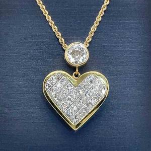 High End 3.25 Carat Old European Cut Diamond Heart Solitaire Bezel Estate Necklace in 14k Yellow Gold $9,850 Retail VIDEO