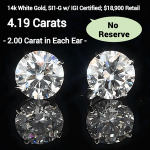 4.19 CARATS Round Brilliant Cut Diamond Stud Earrings in 14k White Gold, SI1-G w IGI Reports $18,900 Retail