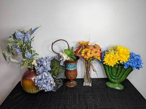 lot 90 image: An Assortment of Four Faux Flowers and Vases