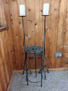 lot 34 image: Pair of Wrought Iron Tall Candle Holders and Wrought Iron End Table