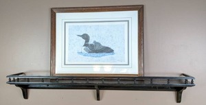 lot 50 image: SignedNumbered Print of a Loon & Chick by Marnie Dahl and Dark Wood Wall Shelf