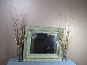 lot 49 image: Framed Mirror and Pair of Tall Floral Arrangements in Glass Vases