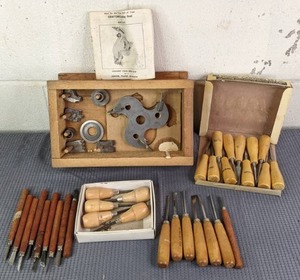 lot 48 image: Wood Carving Tools Craftsman Molding Head for Bench Saws, 11-Pc. Wood Carving Set, Harbor Freight 5-Pc. Mini Carving Chisels, Ramelsons USA Carving Chisels, and More