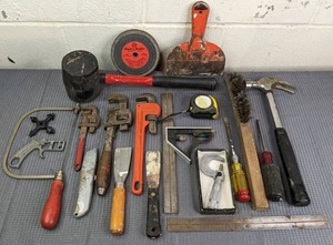 lot 43 image: Vintage and Modern Hand Tools Hammers, Scrapers, Wrenches, Saw, Level, Brown & Sharpe No.1 Swiss Micrometer, and More