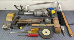 lot 56 image: Vintage Dumore Hand-Grinder, Vintage Goldsmith Weight, and Tools Hammer, Screwdrivers, String Level, Mallet and More