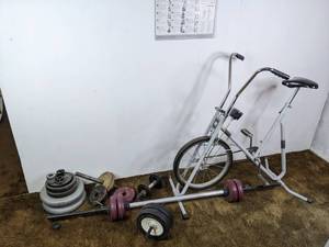 lot 72 image: Exercise Bike, AB Roller and Weight Plates with Bar
