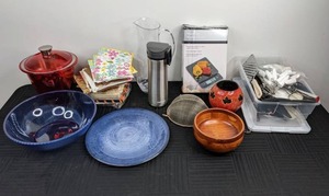 lot 105 image: Assorted Kitchen Items Food Scale, Napkins, Utensils, Ice Buckets, Dishes and More
