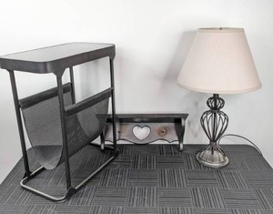 lot 109 image: Furniture Pieces Metal Magazine Rack, Wall Shelf, and Table Lamp