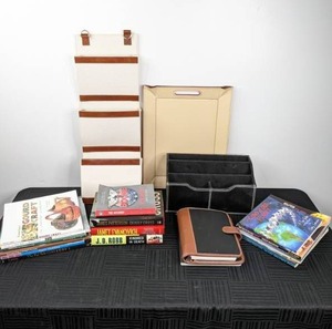 lot 111 image: FilePaper Storage Filing Trays, Raymond Waits Desk Organizer, Assorted Fiction and Non-Fiction Books (James Patterson, John Grisham, The Far Side, DIY) and more