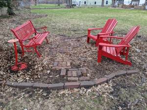lot 114 image: Set of 2 Red Wooden Adirondack Chairs, Red WoodMetal Bench, and Red Side Table