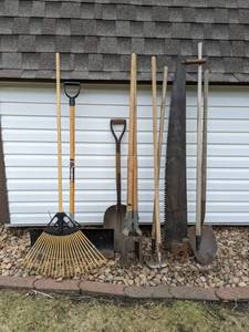 lot 117 image: Assorted Yard and Garden Tools - Rakes, ShovelsSpades, Saws, and more