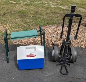 lot 144 image: Gold Eagle Golf Bag Cart, Playmate Cooler, and Knee Saver Gardening Bench