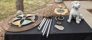 lot 146 image: Lawn and Garden Decor Wind Chime, Sitting Puppy Statue, and More
