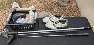lot 137 image: Golf Goodies Mens Size 9 Footjoy Golf Shoes, Jack Nicklaus Club plus Others, Club Covers, Golf Balls, Bag of Tees, and More