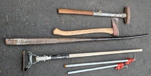 lot 139 image: Long Handled Tools Sledgehammer, Axe, DiggingTamping Bar, and More