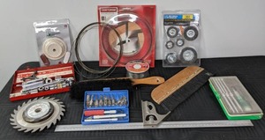 lot 130 image: Hardware Supplies  Chicago Electric Buffing & Polishing Kit, Combo Socket Wrench Set, Chuck Key, Craftsman 7 Adjustable Dado & Band Saw Blade, and Much More