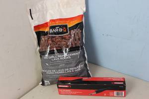 lot 115 image: NEW - Bag of Mr Bar B Q Bagged Natural Lava Rock, 7 Pounds 076903050022 & Craftsman Gas Grill 044376285555