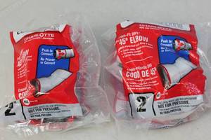 lot 147 image: NEW - 2 X Charlotte Pipe 2-in Connectite 18 Bend Elbow 611942138036 MSRP $24.76
