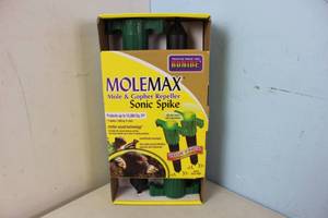 lot 56 image: NEW - 2pk Bonide Molemax Mole & Gopher Repeller Sonic Spikes Battery Operated 093335900695 MSRP $26.98