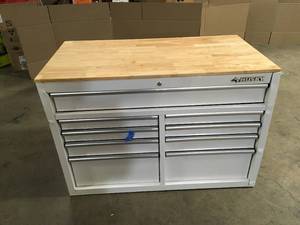 46 in. W x 24.5 in D Standard Duty 9-Drawer Mobile Workbench Tool Chest with Solid Wood Top in Gloss White by Husky Customer Returns See Pictures