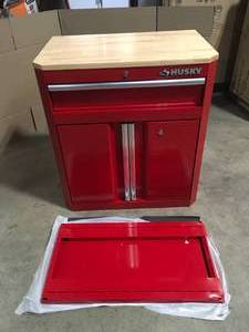 Ready-to-Assemble 24-Gauge Steel 1-Drawer 2-Door Garage Base Cabinet in Red (28 in. W x 33 in. H x 18 in. D) by Husky   Customer Returns See Pictures