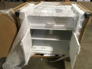 Windlowe 37 in. W x 22 in. D x 35 in. H Bath Vanity in White with Carrera Marble Vanity Top in White with White Sink by Home Decorators Collection Customer Returns See Pictures