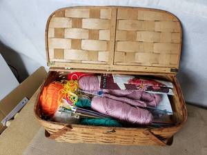 Basket of Yarn and Knitting Needles