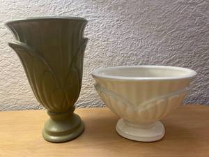 Green and White Haeger Floral Pots