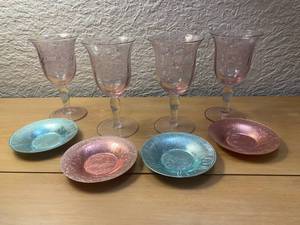 4 Pink Glasses with Pink & Blue Decorative Dishes
