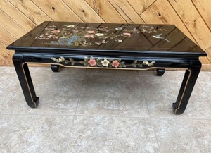 lot 7 image: Asian Chinoiserie Black Ornate Lacquer Table Set