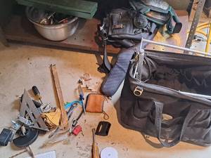 lot 156 image: Tool Belt, Tool Bag, Knee Pads, Square, Screwdrivers, Harness, Ratchet, Misc. Wrenches and Tools