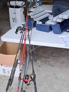 lot 221 image: Fishing Gear - (5) Fishing Poles, (5) Fishing Reels, (1) Tackle Box
