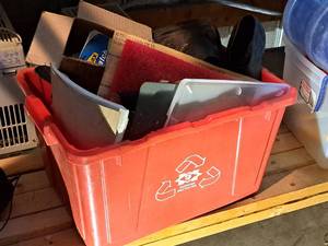 lot 231 image: Lot of (1 Bin) Misc. Items - Rubber Boots, Tape, Scoop, Electrical Whip 12x6, Misc.