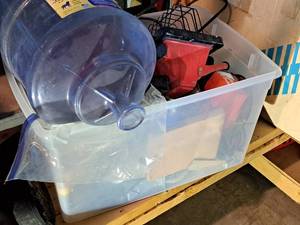 lot 232 image: Lot of (1 Bin) Misc. Items - Water Jug, Pail, Tubing, Shop Light, Freeze Plug, Digital Switch, Ducting, and more