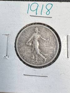 3 FOREIGN SILVER COINS 1918 FRANC & 1943 1950 SILVER CANADA DIMES