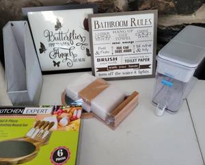 lot 48 image: Butterflies Sign-Bathroom Rules Sign-Brita Water Pitcher-6 Pc. Cheese Cutting Board Set
