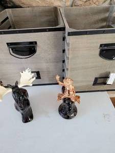 lot 58 image: Cowboy & Moose Figurines-Two Grey Wooden Crates With Tag Holders