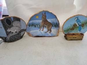 lot 69 image: Three Wooden Articles-A Squirrel-A Cayote Howling At The Moon-A Blue Jay Sitting On A Branch