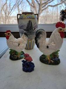 lot 76 image: A Rooster-A Hen-A Pelican Figurine-Beautiful Vase With Flowers On It