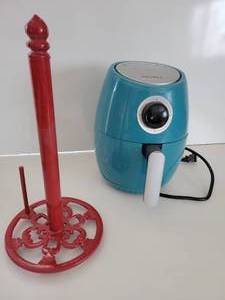 lot 119 image: Red Paper Towel Holder-Kitchen Electric 2 Quart Air Fryer-Instruction Manual Included-Small Black Kettle With Handle-One Pie Tin