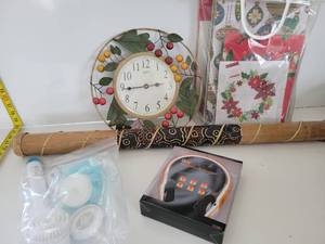 lot 120 image: Bag Filled With Gift Bags For Christmas-Kitchen Wall Clock-OFX Bluetooth Headset With Microphone
