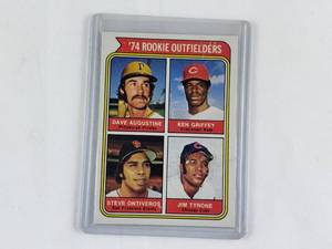 lot 7 image: 1974 Rookie Outfielders Ken Griffey, Dave Augustine, Steve Ontiveros, Jim Tyrone Topps No. 598