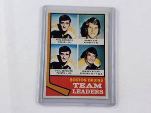 lot 112 image: Boston Bruins Team Leaders Phil Esposito, Bobby Orr, Johnny Bucyk Topps No. 20