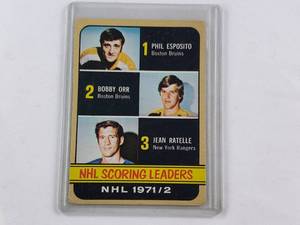 lot 113 image: 19712 NHL Scoring Leaders Phil Esposito, Bobby Orr, Jean Ratelle Topps No. 63