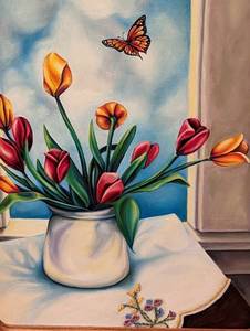 Colorful Framed Oil Tulip Painting
