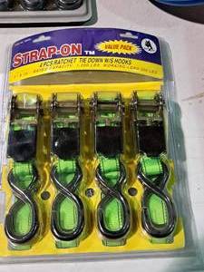 lot 458 image: Boxer Strap-on 1500-lbs 4-piece Value Pack Ratchet Tie Down wS Hooks 1x15 (New)